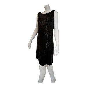 NWT ‘LBD’ INC Black Sequin Cocktail Dress in LARGE ‘Be Mystical’ has bow accents